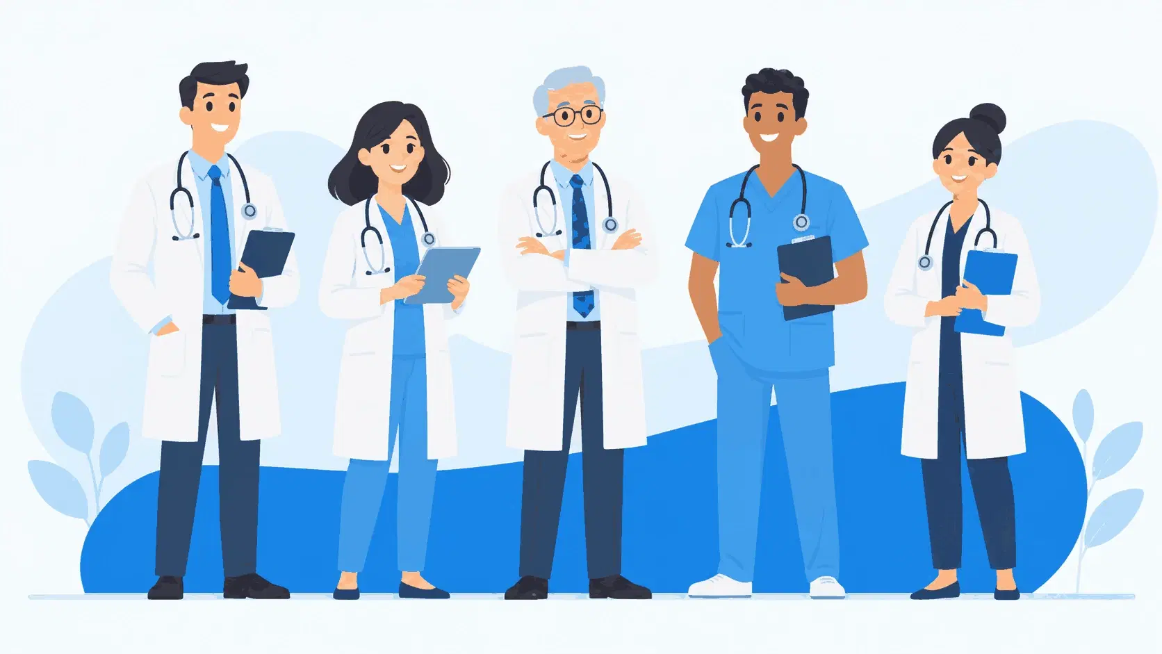 Five smiling doctors standing together